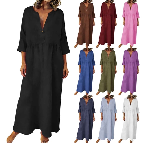 BiZtdJrK Women Bohemian Cotton Linen Dresses 3/4 Sleeve Maxi Long Dress Elegant V Neck Loose Gauze Going Out Beach Sundresses Blue M