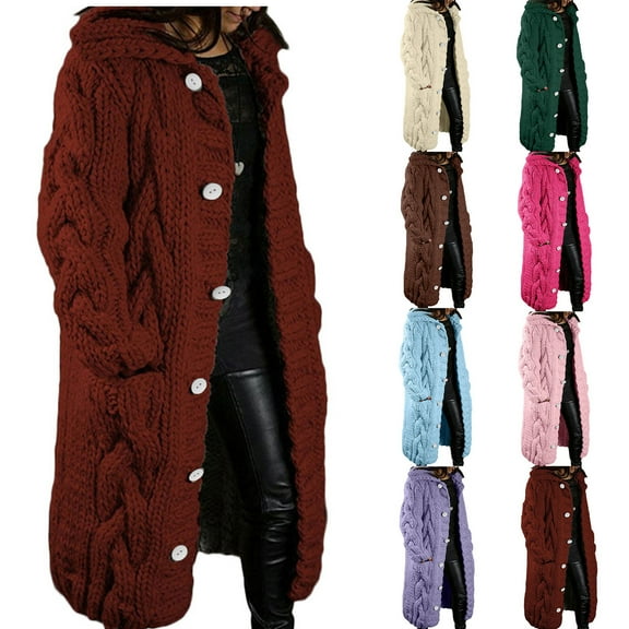 BiZtdJrK Women Cable Knit Sweater Plus Size Long Sleeve Button Down Hoodie Cardigans Knee Length Fall Winter Trendy Sweaters Outerwear with Pockets Green L