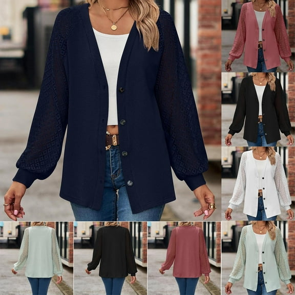 BiZtdJrK Women Cardigans Waffle Knit Long Sleeve Open Front Sweaters Lace Patchwork Fashion Casual Button Down Cardigan Navy L