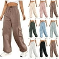 thumbnail image 1 of BiZtdJrK Women Cargo Sweatpants Drawstring High Waist Straight Wide Leg Hiking Pants Baggy Casual Streetwear Sweat Pant with Pockets Beige L, 1 of 8