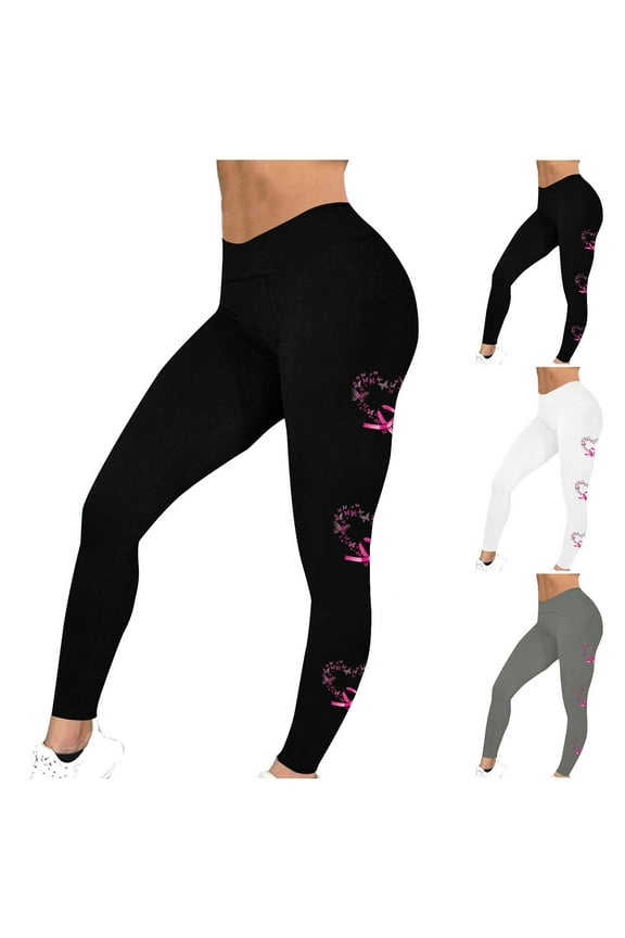 Women Casual Leggings Breast Cancer Awareness Yoga Pants Butt Lift Tummy Control Leggings Buttery Soft High Waist Tights Pink Ribbon Print Workout Bottonms Back to School Prime White M