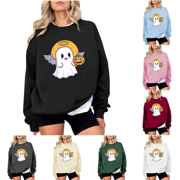 BiZtdJrK Women Casual Pullover Tops Ghost Pumpkin Graphic Long Sleeve Crewneck Sweatshirts Regular Fit Fall Fashion Sweatshirt Halloween Clothes Black XL