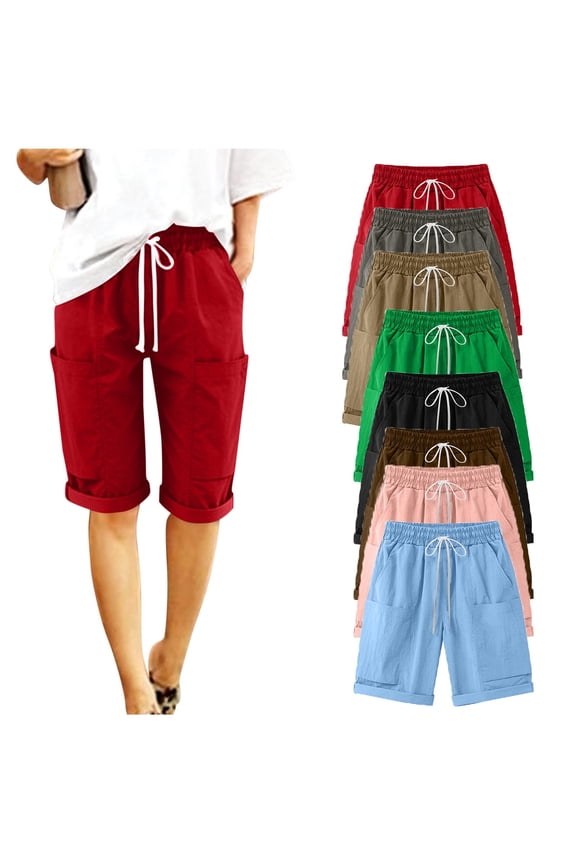 Women Cotton Linen Bermuda Shorts Rolled Hem Drawstring Elastic Waisted Straight Fit Short Pants Mid Length Beach Vacation Shorts with Pockets Khaki XXL