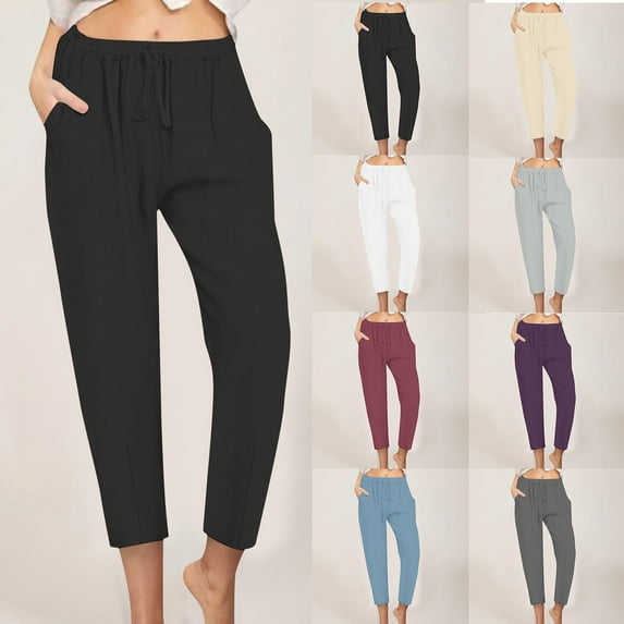 BiZtdJrK Women Cotton Linen Capri Pants Solid Straight Leg Cropped Trousers Casual Drawstring Sweatpants Lounge Capris Pant with Pockets Todays Sale Dark Gray XL