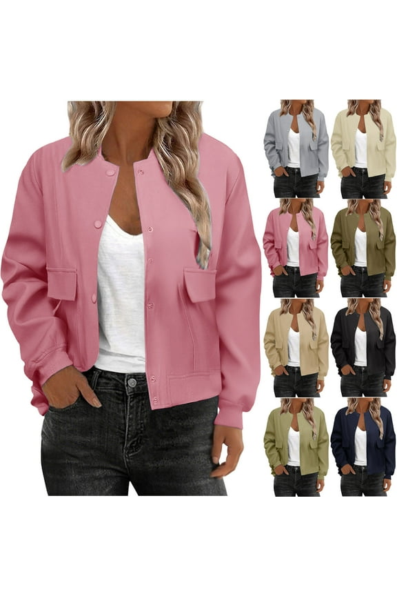 Women Crop Jackets Long Sleeve Button Down Varsity Jacket Ribbed Cuff Fall Fashion Outerwear with Flap Pockets Navy S