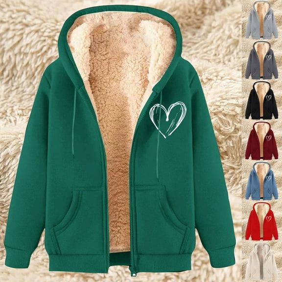 BiZtdJrK Women Cute Hoodie Sweatshirts Heart Print Zip Up Long Sleeve Sherpa Fleece Lined Sweatshirt Jackets Drawstring Fashion Winter Hooded Jacket with Pockets Gray M