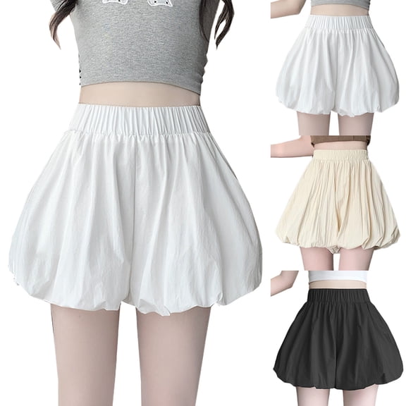 BiZtdJrK Women Cute Shorts Puffy Elastic High Waist Lantern Short Pants Pleated Loose Casual Summer Shorts White M