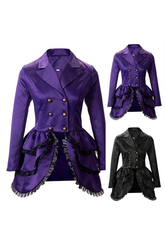 Women Double Breasted Victorian Steampunk Blazer Elegant Lapel Dress Blaers Jacket Fashion Lace Hem Suit Coat Evening Party Gown Best Sales Today Purple XXL