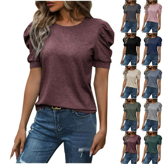 BiZtdJrK Women Dressy Casual T Shirts Puff Short Sleeve Summer T Shirt Crew Neck Fashion Casual Tunic Tops Navy S