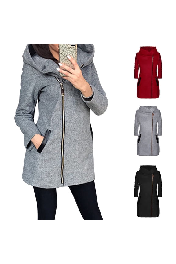 Women Fashion Hooded Jackets Cowl Neck Side Zipper Long Sleeve Sweatshirt Jacket Mid Length Solid Fall Hoodie Coats with Pockets Black L