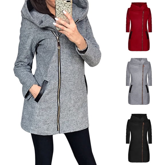 BiZtdJrK Women Fashion Hooded Jackets Cowl Neck Side Zipper Long Sleeve Sweatshirt Jacket Mid Length Solid Fall Hoodie Coats with Pockets Black XL