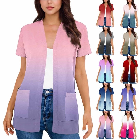 BiZtdJrK Women Fashion Summer Cardigans Gradient Color Short Sleeve Open Front Sweaters Lightweight Travel Vacation Shrug Cardigan with Pockets Black L