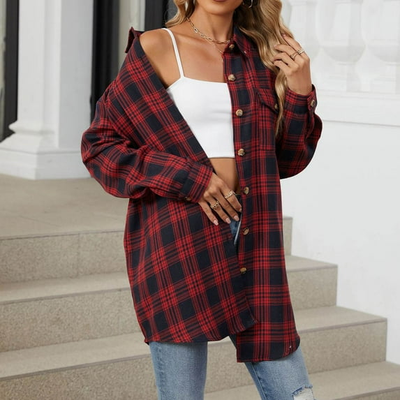 BiZtdJrK Women Flannel Long Shirt Button Down Long Sleeve Plaid Shirts Loose Fit Casual Shackets Jackets 2025 Fall Blouse Tops with Pockets Sale of The Day Clearance Black M