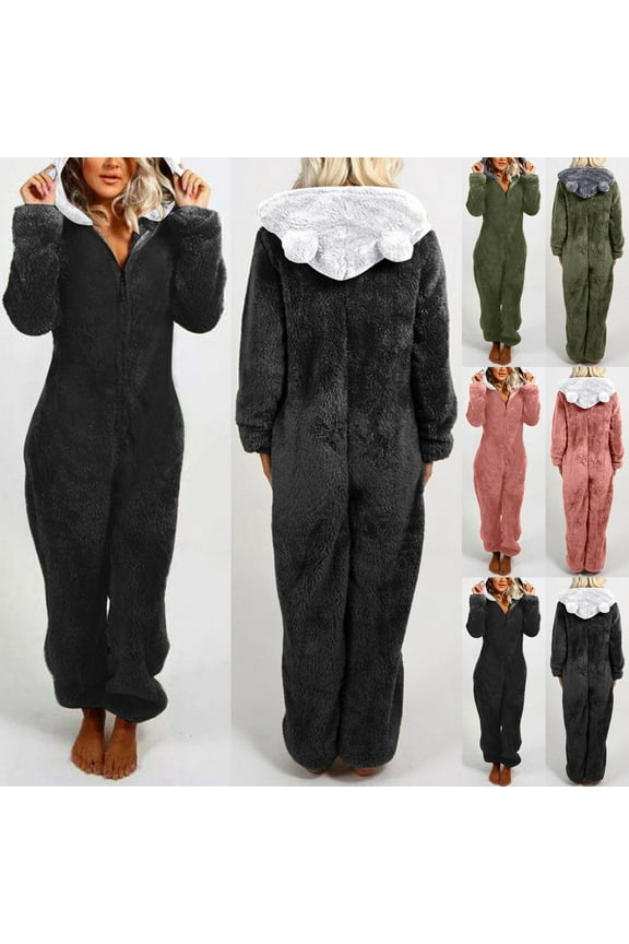 Women Fleece Onesie Pajamas Bear Ears Zipper Sherpa Pajama Romper Plus Size Fuzzy Hoodie Loungewear Color Block Winter One Piece Sleepwear Black M