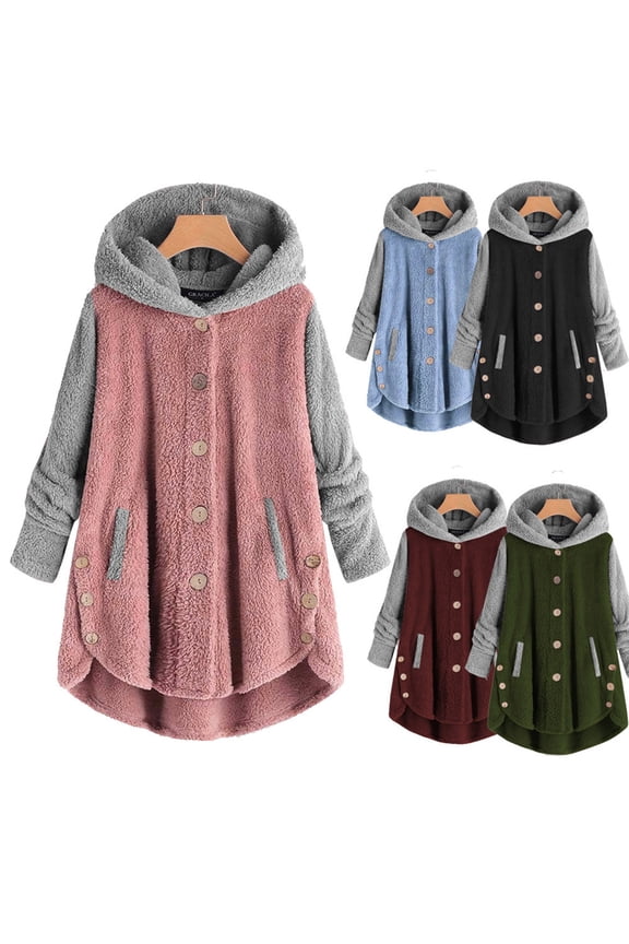 Women Fuzzy Fleece Hooded Jacket Side Split Button Down Long Sleeve Pajama Jackets Loose Cozy Lounge Coats with Pockets Light Blue M