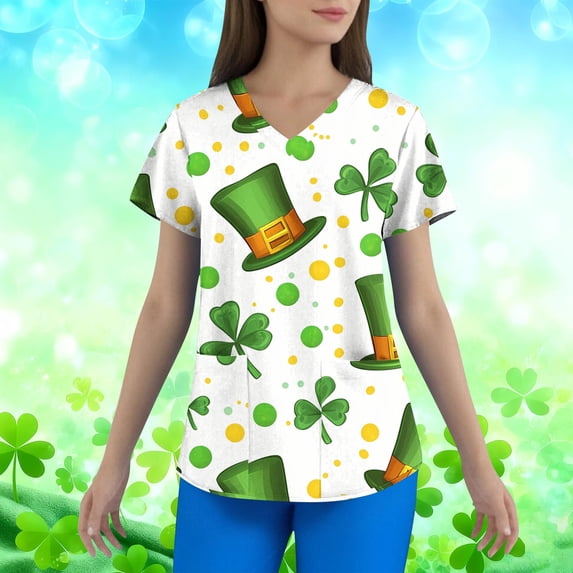 BiZtdJrK Women Graphic Scrub Top Irish Shamrock Print St Patricks Day Shirts Lightweight Breathable V Neck Short Sleeve Scrubs Shirt with Pockets Green XXXXL