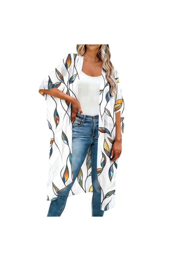 Women Hawaiian Cardigan Knee Length Short Sleeve Open Front Cardigans Lightweight Loose Casual Summer Kimonos White XXXXXL