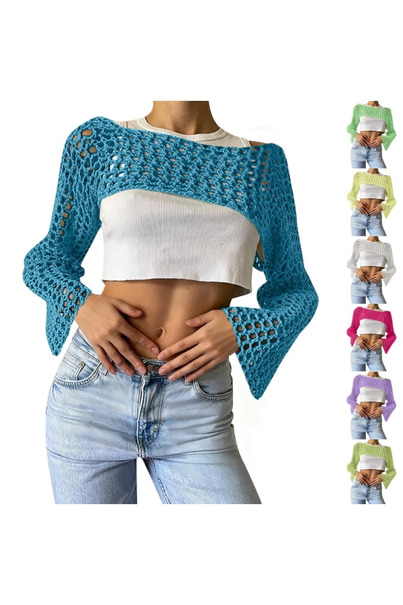 Women Hollow Out Knitted Sweater Cropped Flare Long Sleeve See Through Crochet Bolero Shrugs Fashion Street Y2k Tops Green XS