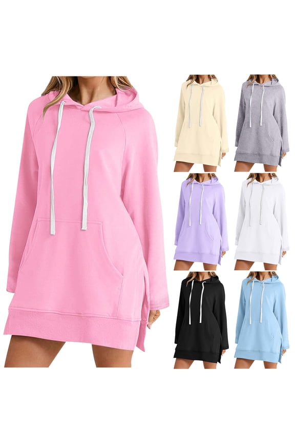 Women Hoodie Mini Dress Drawstring Side Split Long Sleeve Hooded Sweatshirt Loose Fall Causal Dresses with Pocket Gray XXL