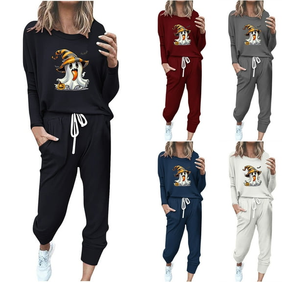 BiZtdJrK Women Jogger 2 Piece Set Funny Ghost Print Halloween Casual Sets Long Sleeve Crew Neck Pullover Tops and Drawstring Pants Outfits with Pockets AB-Black XXXL