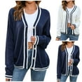 thumbnail image 1 of BiZtdJrK Women Knit Cardigan Sweaters Striped Trim Long Sleeve Button Down Cardigans Comfy Casual Outwear with Pockets Navy XL, 1 of 9