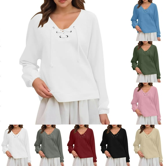 BiZtdJrK Women Lace Up Sweatshirts Long Sleeve V Neck Pullover Tops Solid Basic Casual Fall Fashion Outfits Red XL