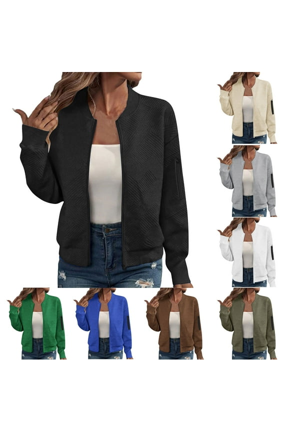 Women Light Jackets Textured Zip Up Long Sleeve Casual Bomber Jacket Loose Fit Flight Outerwear with Zipper Pocket Black XL