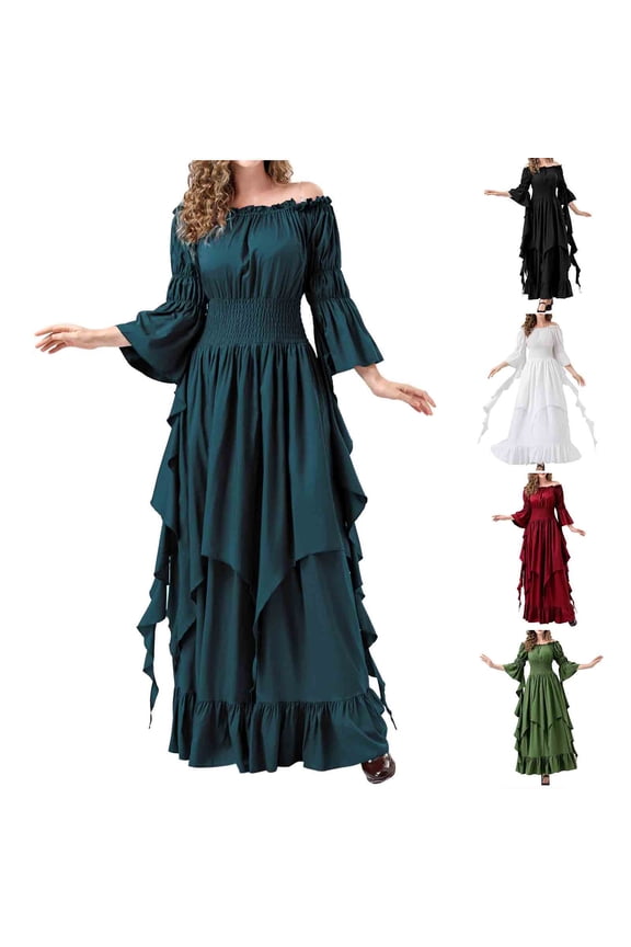Women Medieval Renaissance Princess Dress Victorian Long Dresses Solid Long Sleeve Off Shoulder Dress Vintage Gothic Clothes Halloween Costumes Green