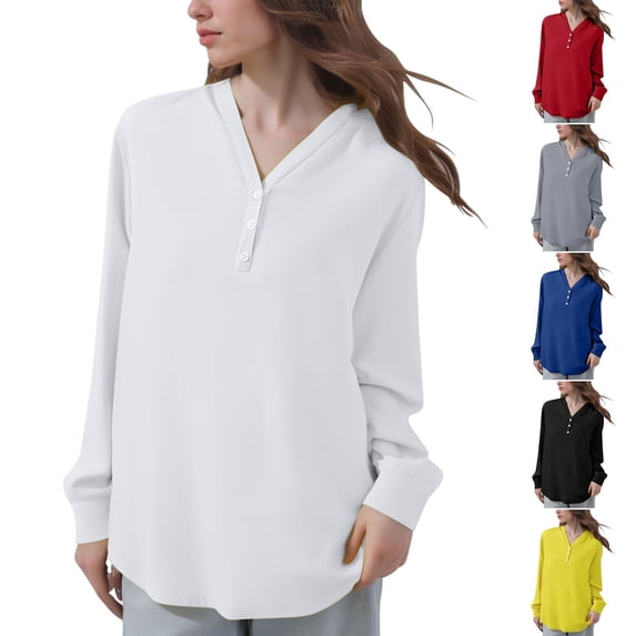 BiZtdJrK Women Plus Size Fall Tops Button Down V Neck Long Sleeve Shirts Lightweight Loose Solid Casual Tee Shirt Red XXL