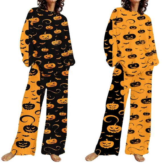 BiZtdJrK Women Plus Size Halloween Loungewear Color Block Pumpkin Print Fashion Holiday Party Casual Sets Long Sleeve Crewneck Tops and Pants 2 Piece Outfits with Pockets Orange L