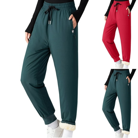 BiZtdJrK Women Plus Size Winter Warm Sweatpants Fleece Lined Elastic High Waist Straight Pants Drawstring Solid Casual Sweatpant with Zipper Pockets Birthday Gift Red XXXXXL