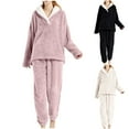 thumbnail image 1 of BiZtdJrK Women Plush Pajama 2 Piece Set Turndown Collar Long Sleeve V Neck Pullover Tops and Jogger Pants Lounge Sets Sherpa Fleece Solid Casual Winter Outfits Pink M, 1 of 4