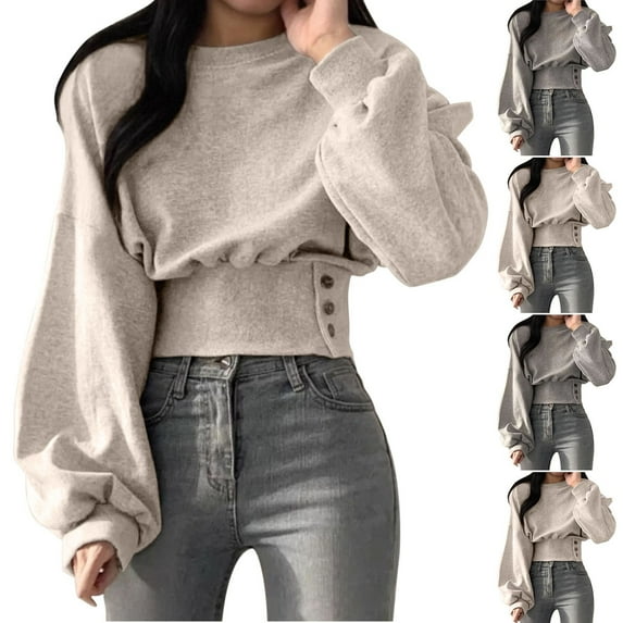BiZtdJrK Women Puff Long Sleeve Sweatshirts Button Side Corset Pullover Tops Solid Trendy Y2k Cropped Sweatshirt Gray L