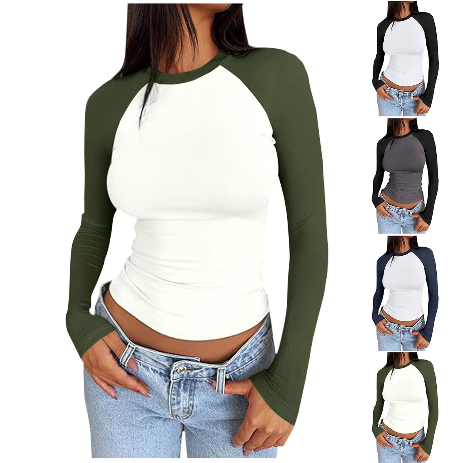 BiZtdJrK Women Raglan Long Sleeve Tops Color Block Fashion Cropped Tees ...