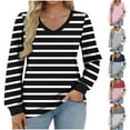 thumbnail image 1 of BiZtdJrK Women Regular Fit T Shirts V Neck Long Sleeve Casual Tee Tops Color Block Striped Print Fashion Fall Tees White S, 1 of 6