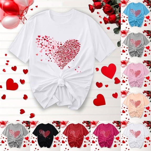BiZtdJrK Women Round Neck T Shirts Cute Heart Graphic Short Sleeve Casual Tee Tops Valentines Day Holiday Tees Red M
