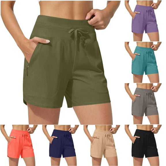 BiZtdJrK Women Running Sport Shorts Drawstring Waist Gym Workout Shorts Comfy Stretch Casual Summer Shorts with Zipper Pockets Black L
