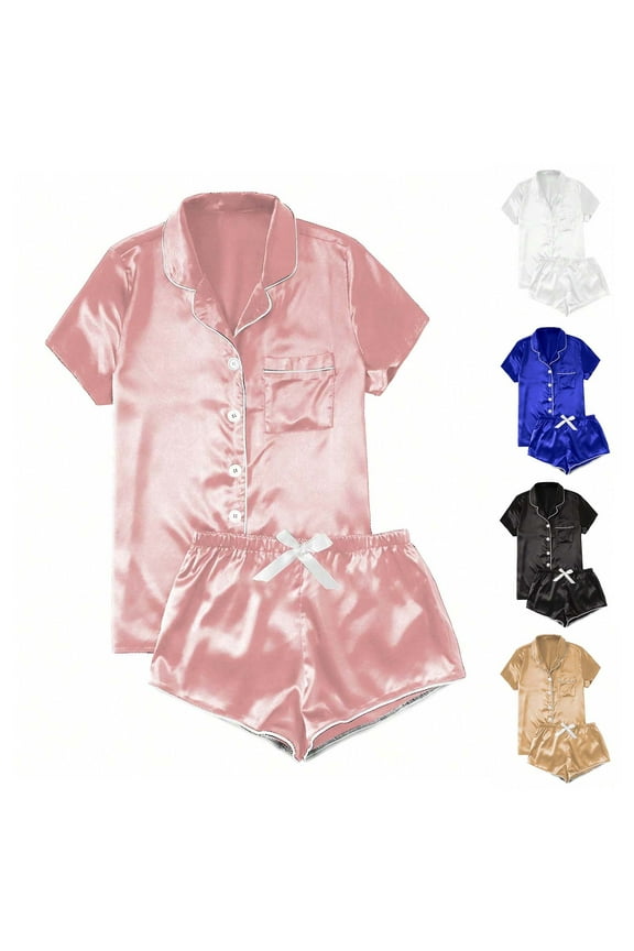 Women Satin Pajama 2 Piece Sets Notch Collar Button Down Short Sleeve Top and Shorts Pajamas Outfits Comfy Cute Summer Sleepwear Sets with Chest Pocket White XL