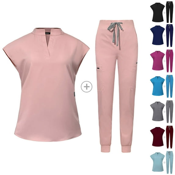 BiZtdJrK Women Scrubs Sets V Neck Cap Sleeve Tops and Jogger Pants Two Piece Outfits Drawstring Nursing Uniform Set with Pockets Birthday Gift Hot Pink XXL
