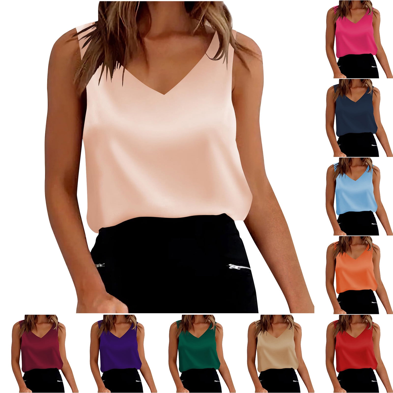 Black Silky Satin Pintuck V Neck Tank Blouse main image 1