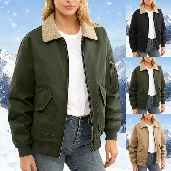 BiZtdJrK Women Solid Bomber Jackets Lapel Zip Up Long Sleeve Fleece Lined Jacket Warm Fall Winter Outerwear with Pockets Khaki S