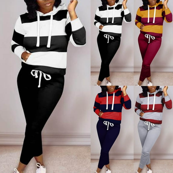 BiZtdJrK Women Stripe Hooded Pullover and Drawstring Sweatpant 2 Piece Sets Outdoor Long Sleeve Sweatshirt Solid Harem Pants Tracksuit Set Today Sales Wine S