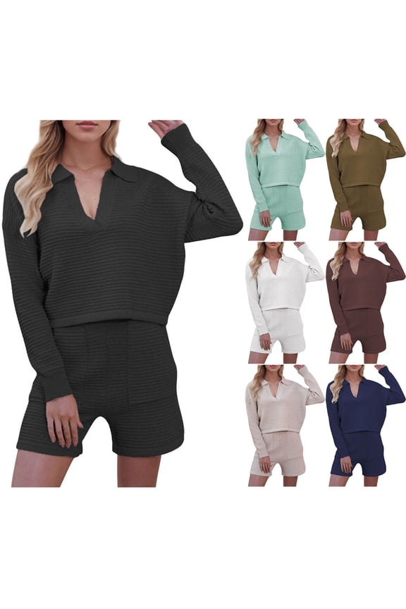 Women Sweatsuits Ribbed Knit Lounge Set Lapel V Neck Long Sleeve Pullover and Shorts Matching 2 Piece Casual Sets with Pockets Blue M