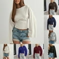 thumbnail image 1 of BiZtdJrK Women Trendy Cropped Tops Cinched Waist Flare Long Sleeve Crew Neck T Shirt Loose Fit Going Out Tee Shirts Brown L, 1 of 10