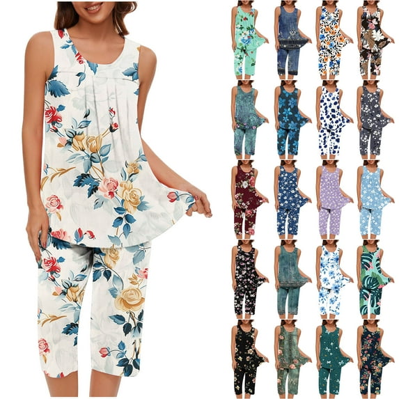 BiZtdJrK Women Two Piece Sets Casual Sleeveless Tank Tops and Cropped Pants Lounge Set Trendy Print Pleated Crewneck Shirts Capris Sleepwear Suits Lightning Sale Navy S