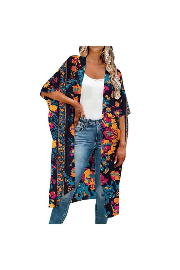 Women Vacation Cardigans Hawaiian Print Short Sleeve Beach Summer Kimonos Knee Length Open Front Shrug Cardigan White S