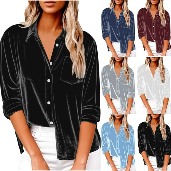 BiZtdJrK Women Velvet Blouse Roll Up Long Sleeve V Neck Collared Button Down Shirts Elegant Dressy Casual Work Tops with Chest Pocket Black S