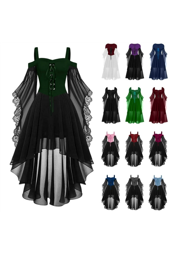 Women Witch Dress Halloween Costumes Renaissance Medieval Lace Chiffon Patchwork Corset Dresses, Gray, XL