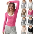 thumbnail image 1 of BiZtdJrK Women Workout Henley Shirts Lace Patchwork Button Crew Neck Long Sleeve Tee Tops Slim Fit Ribbed Knit Casual Tees Lightweight Yoga T Shirt Bronze S, 1 of 7