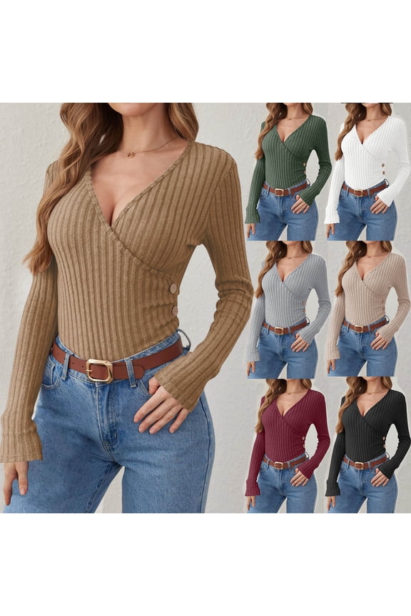 Women Wrap V Neck Shirts Ribbed Knit Button Side Long Sleeve Sweater Slim Fit Fall Fashion Tops Green XXL